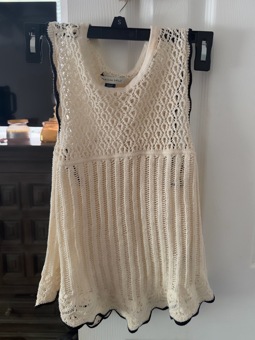 American Eagle Cream Open-Knit Tank with Black Edge